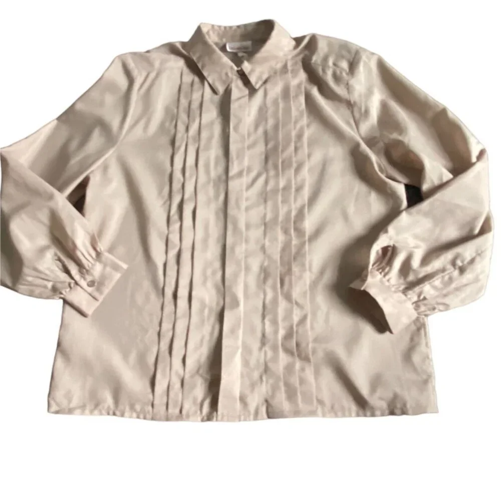 VTG Lauren Lee Light Weight Pleated Front Blouse W/ Shoulder Pads-Beige-Size 16- - Picture 1 of 8